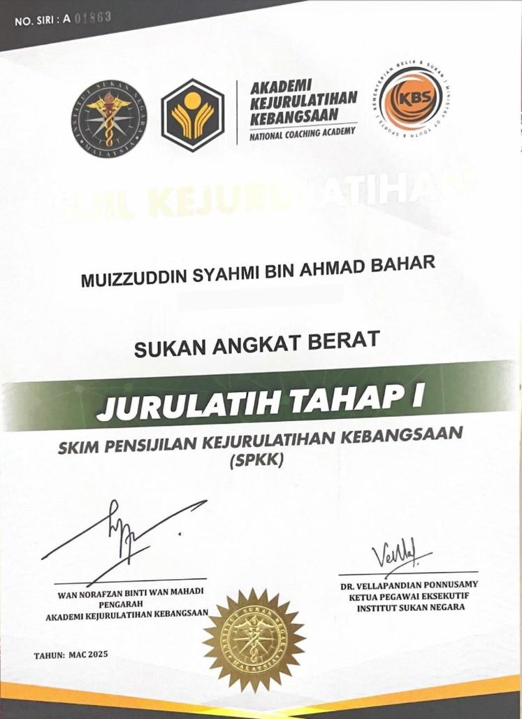 Sijil SPKK — Jurulatih Tahap 1 (Angkat Berat)