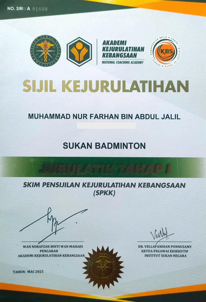 Sijil Kejurulatihan — Jurulatih Tahap 1 (Badminton)