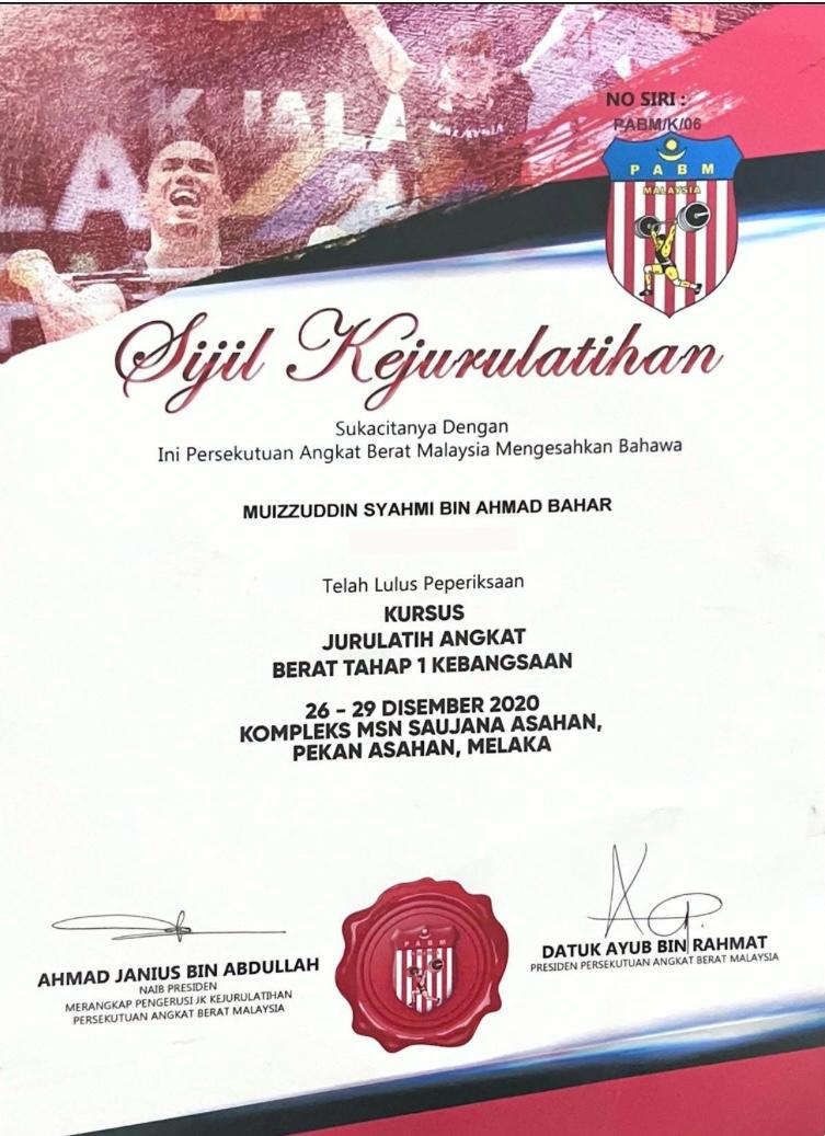 Sijil Kursus Jurulatih Angkat Berat Tahap 1 Kebangsaan